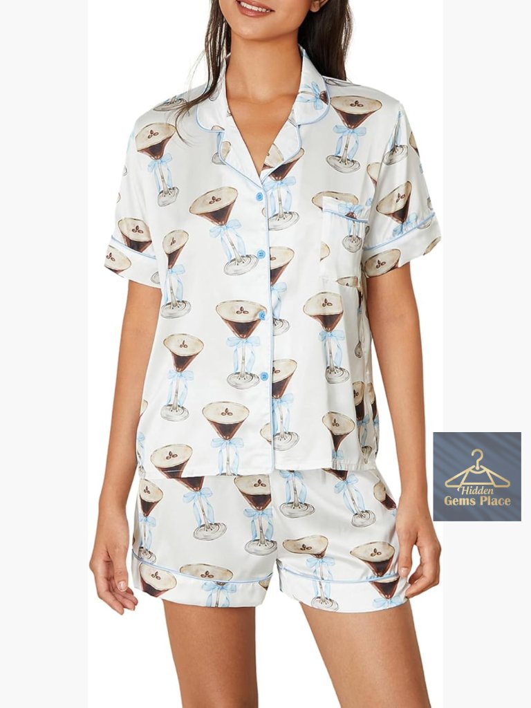 Silk Martini Pajama Set Short Sleeve Shirt Matching Shorts Preppy Cowgirl